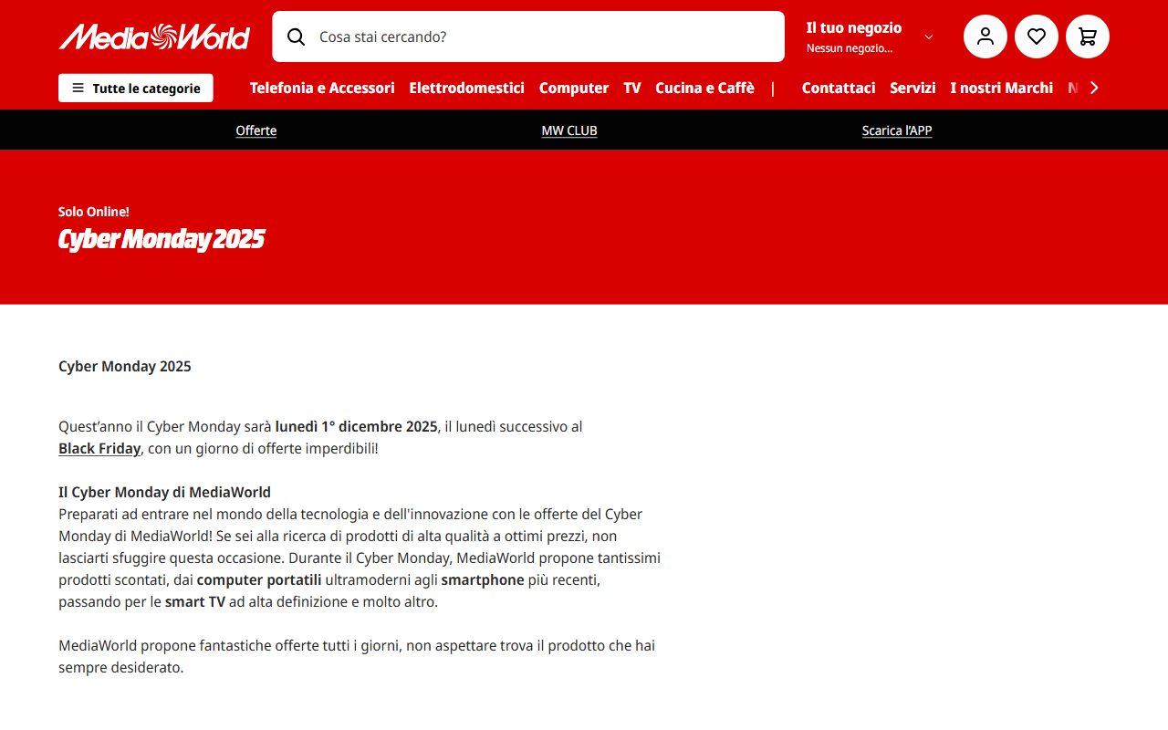 La pagina Cyber Monday di MediaWorld con la dicitura Solo Online e la data del 2025