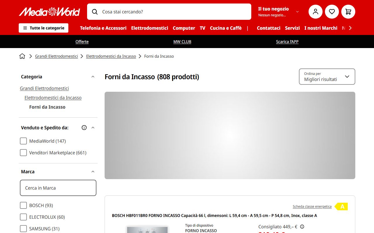 La categoria forni da incasso di MediaWorld con 808 prodotti