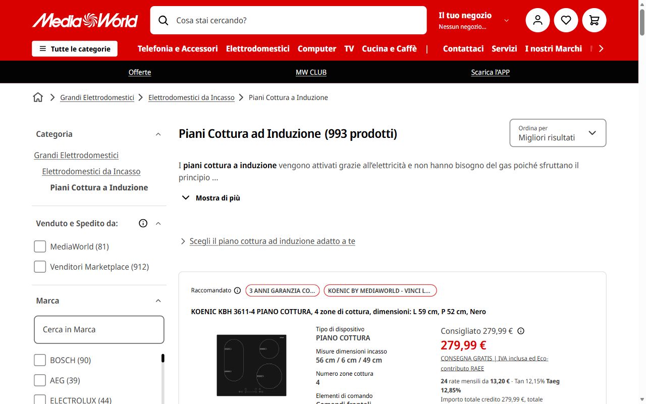 La categoria piani cottura a induzione di MediaWorld con 993 prodotti