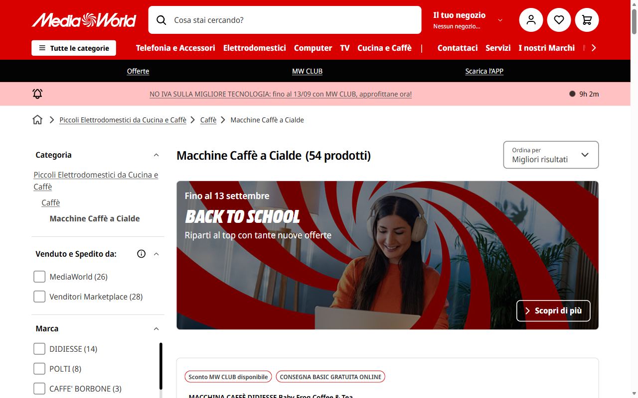 La categoria macchine caffè a cialde di MediaWorld con la griglia dei modelli