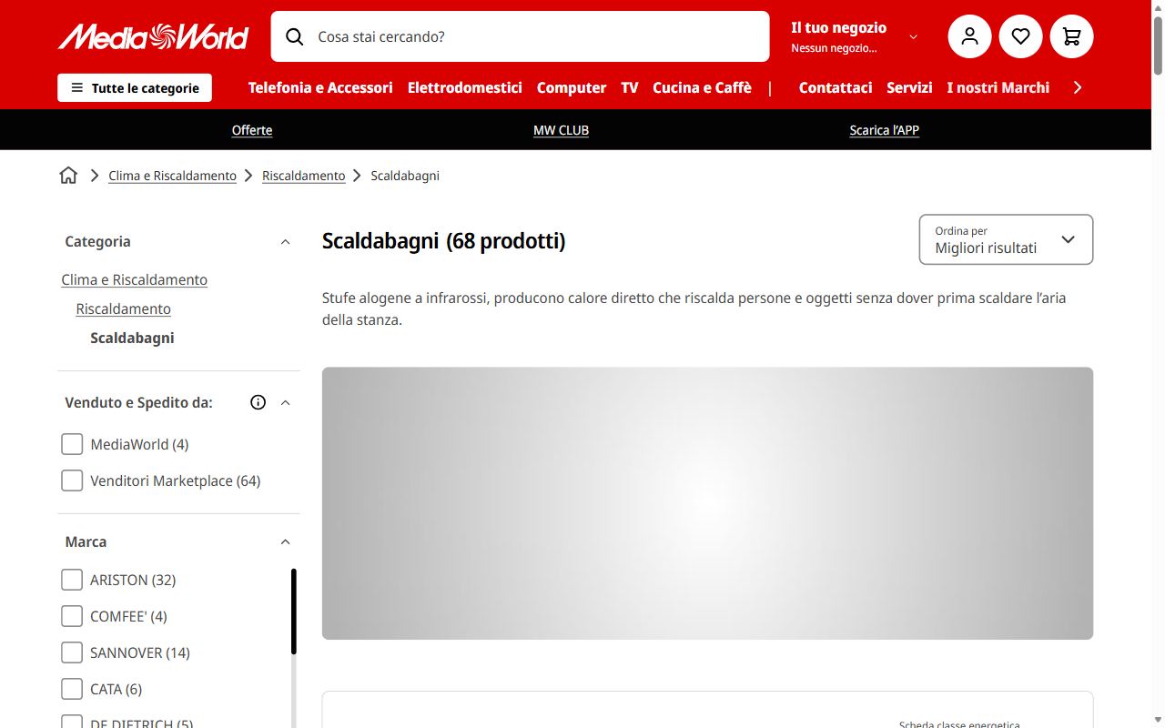La categoria scaldabagni di MediaWorld con 68 prodotti e i filtri per marca