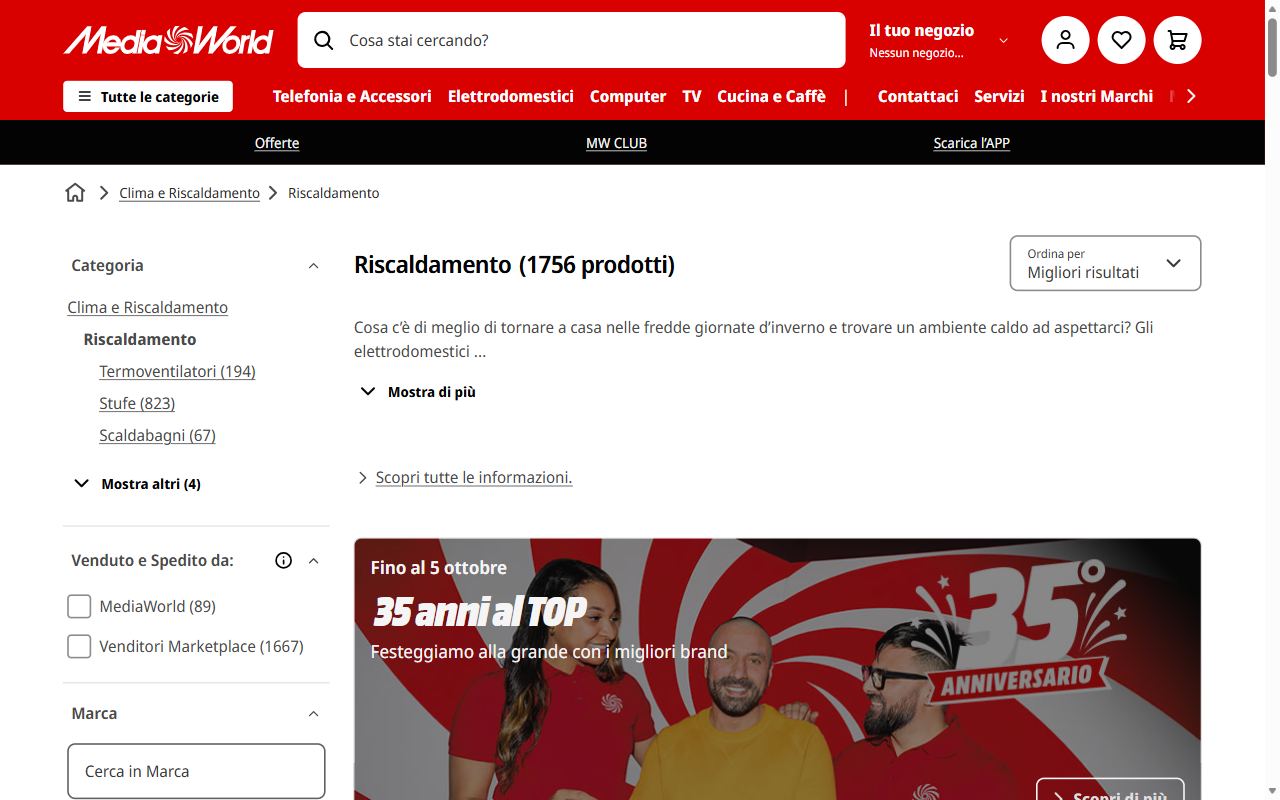La categoria riscaldamento di MediaWorld con termoventilatori, stufe e scaldabagni