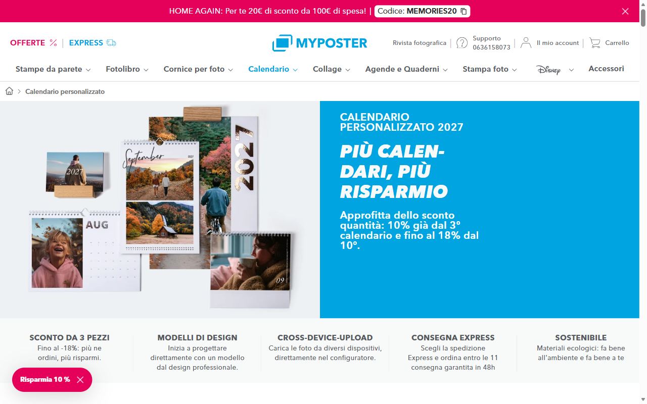 La pagina del calendario personalizzato 2027 di Myposter con lo sconto quantità dal terzo calendario