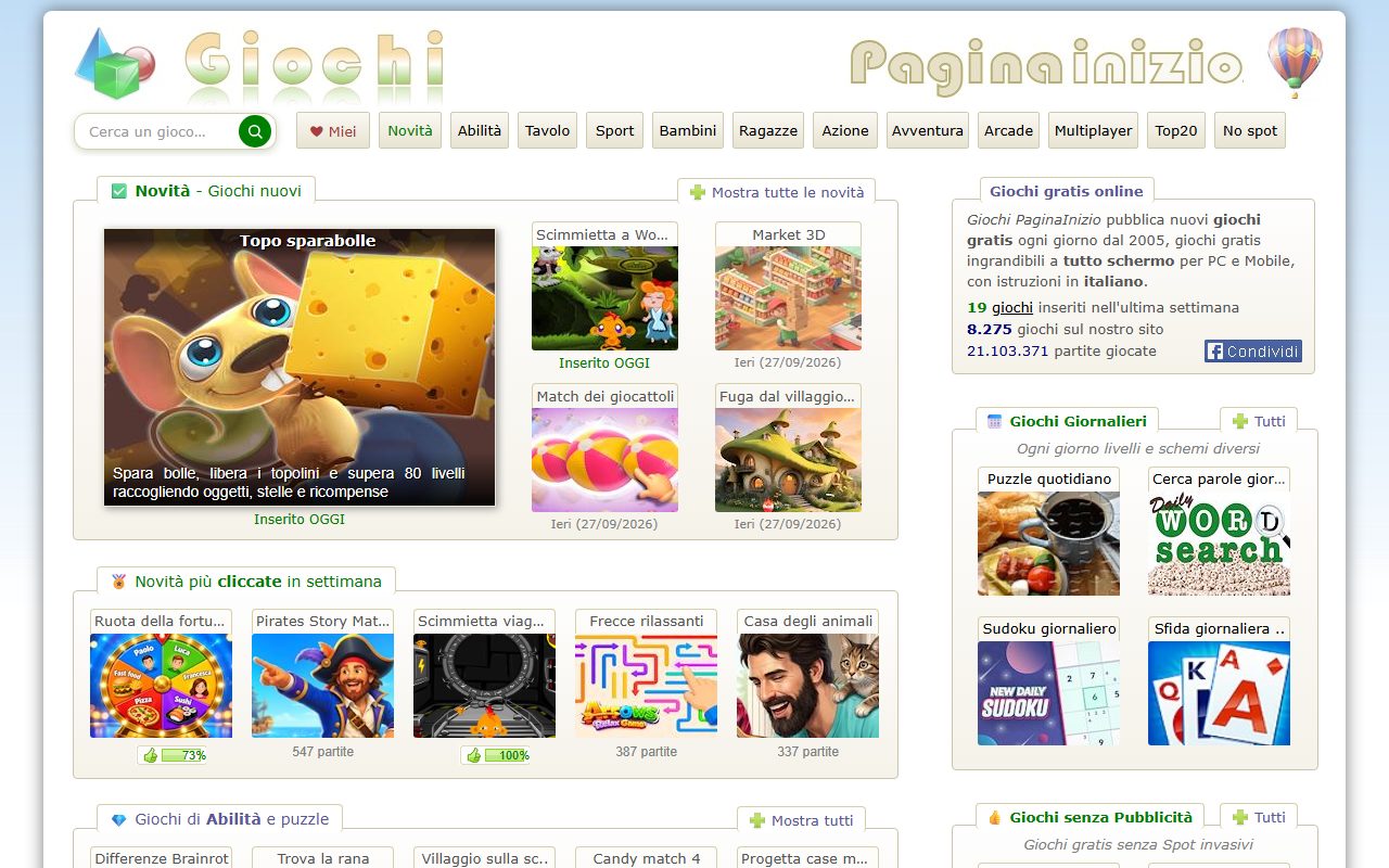 La sezione giochi di Pagina Inizio