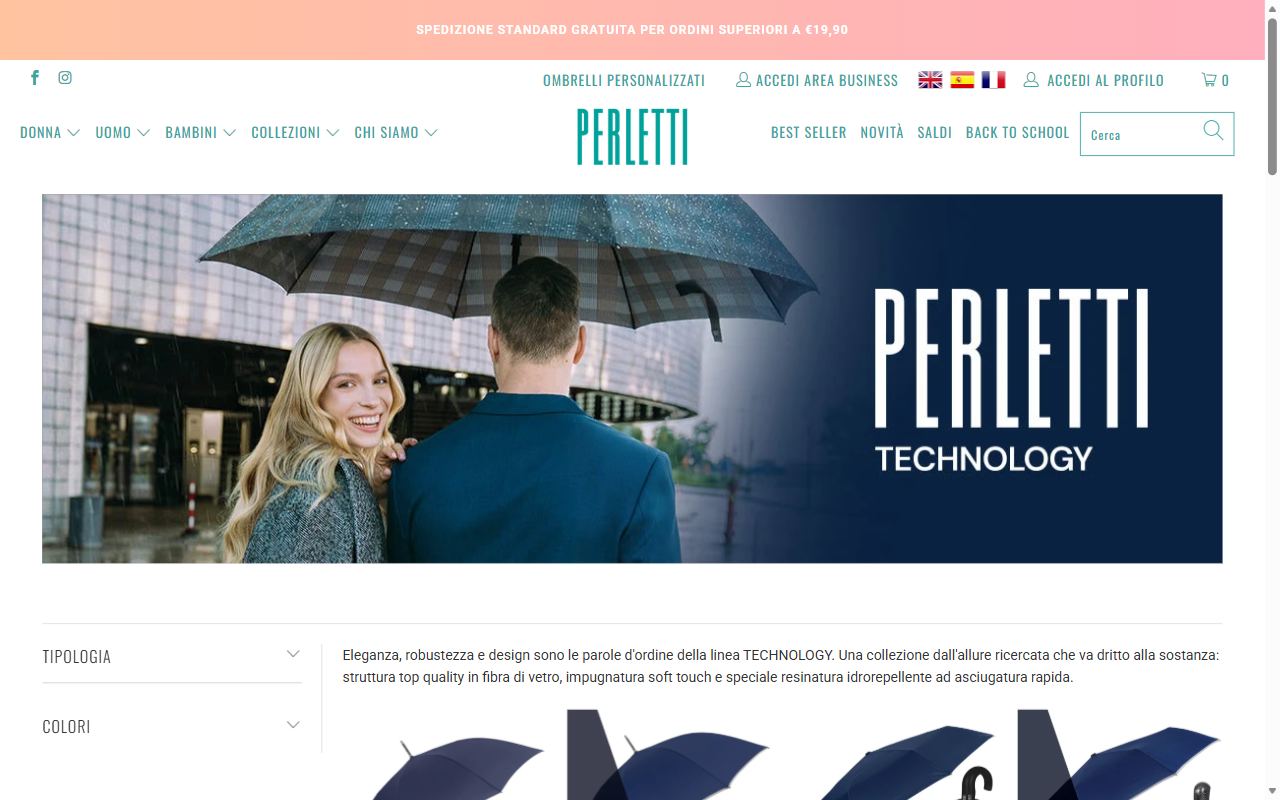 La collezione Technology di Perletti con gli ombrelli antivento in fibra di vetro, filtri per tipologia e colore
