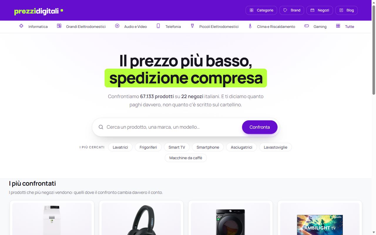 La home di PrezziDigitali con le categorie di elettrodomestici a confronto