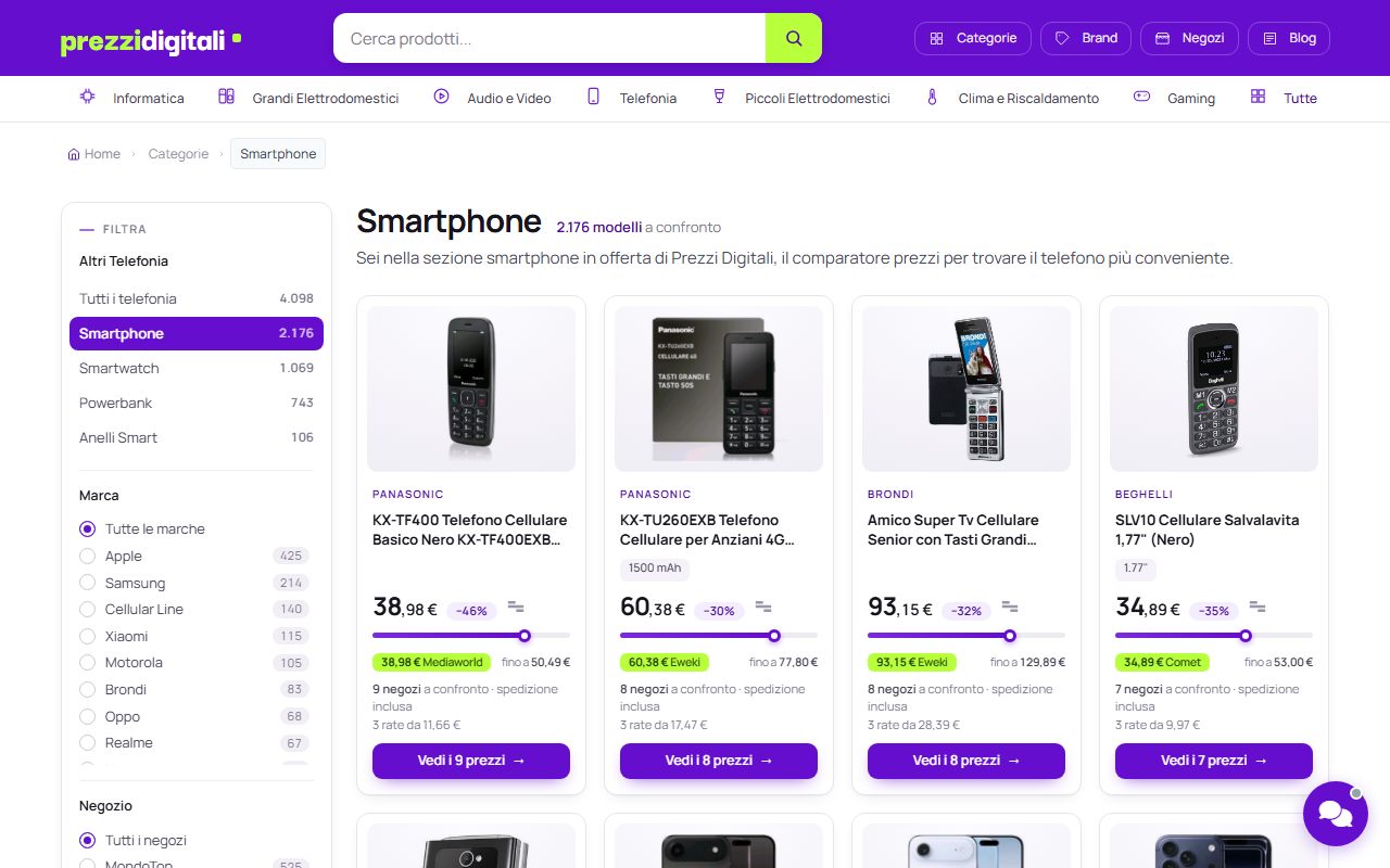 Prezzidigitali, categoria Smartphone con 2.176 modelli a confronto