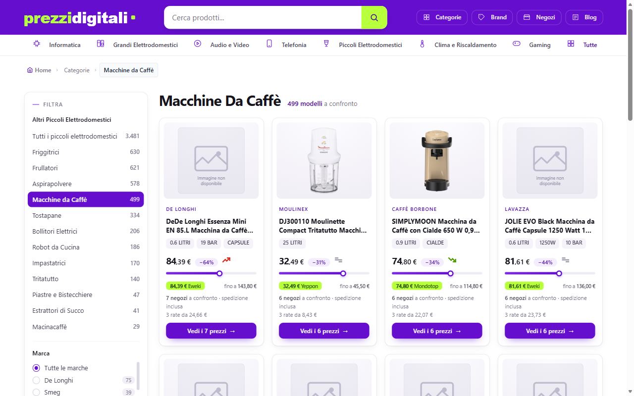 La sezione macchine da caffè di PrezziDigitali con le offerte dei negozi a confronto