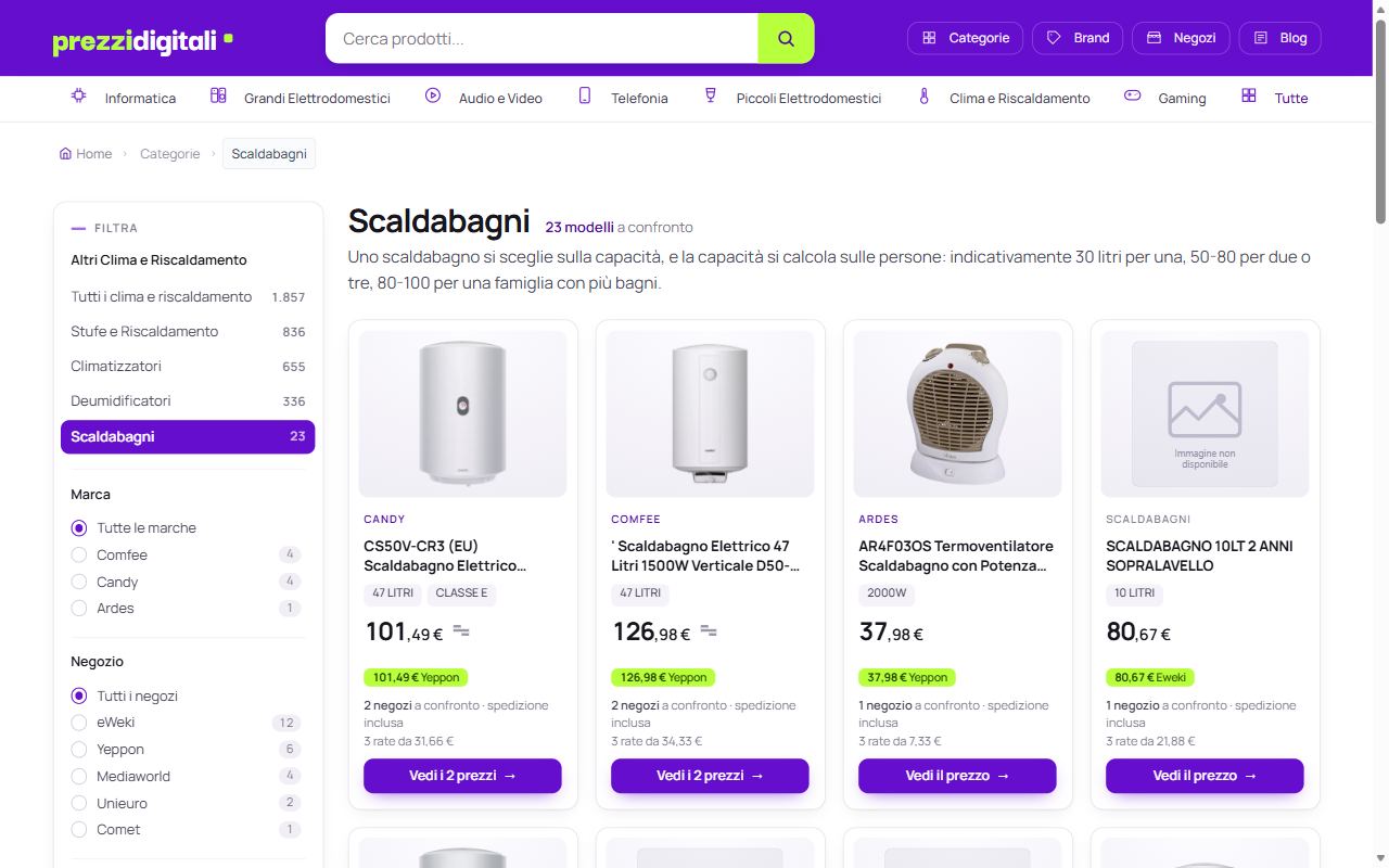La categoria scaldabagni di PrezziDigitali con 23 modelli a confronto