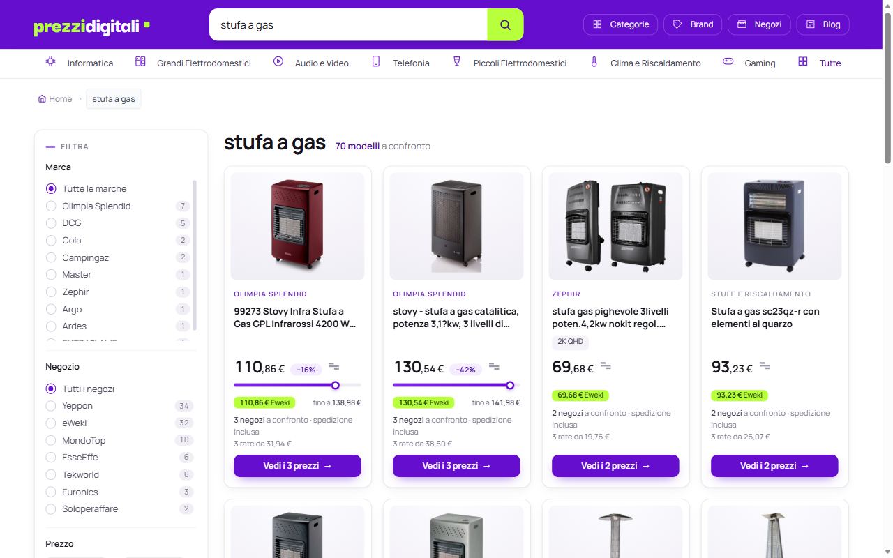 I risultati della ricerca stufa a gas su PrezziDigitali con 70 modelli a confronto