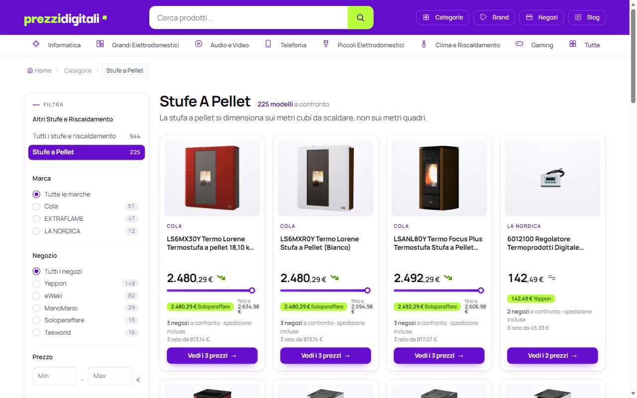 La sezione stufe a pellet di PrezziDigitali con le offerte dei negozi a confronto