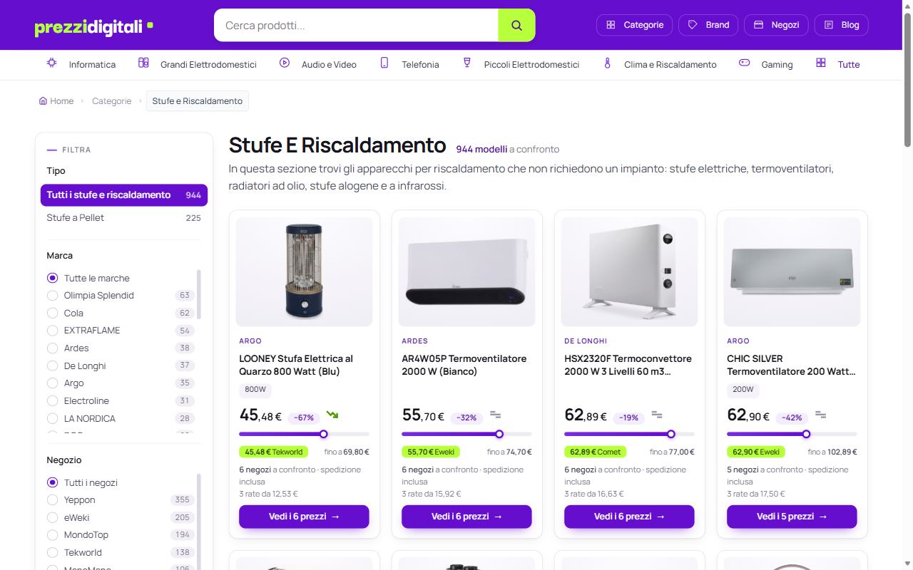 La sezione stufe e riscaldamento di PrezziDigitali con le offerte dei negozi a confronto