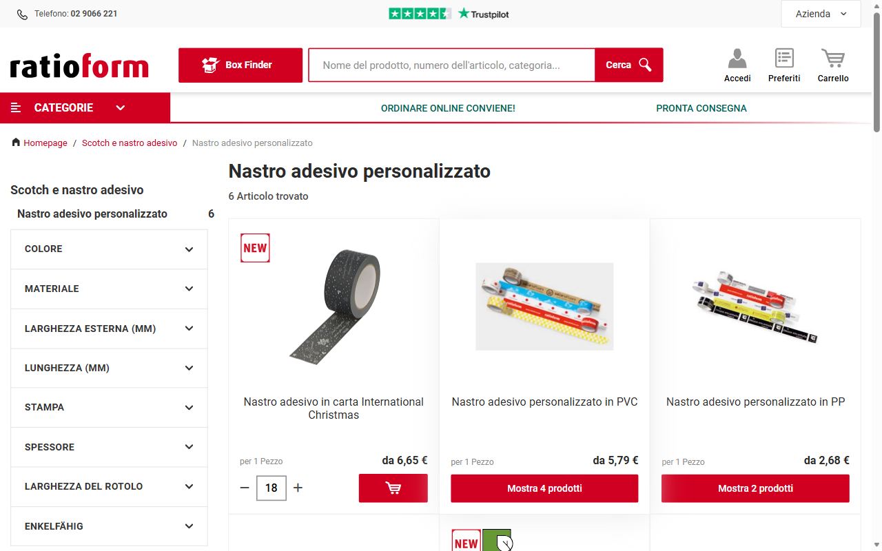 La pagina del nastro adesivo personalizzato di Ratioform con i rotoli in PVC, in polipropilene e in carta