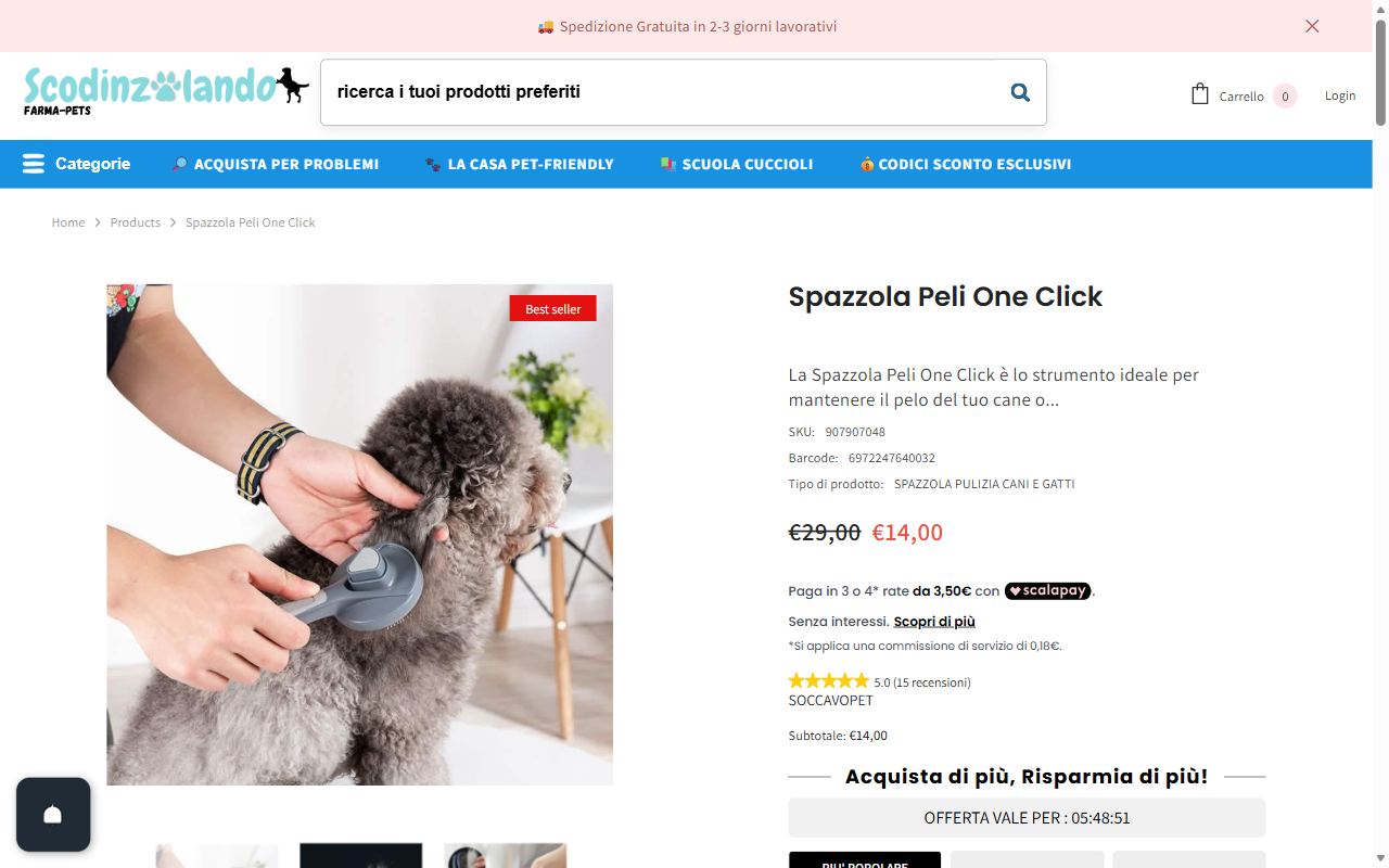 La scheda della Spazzola Peli One Click su Scodinzolando con il prezzo e la descrizione