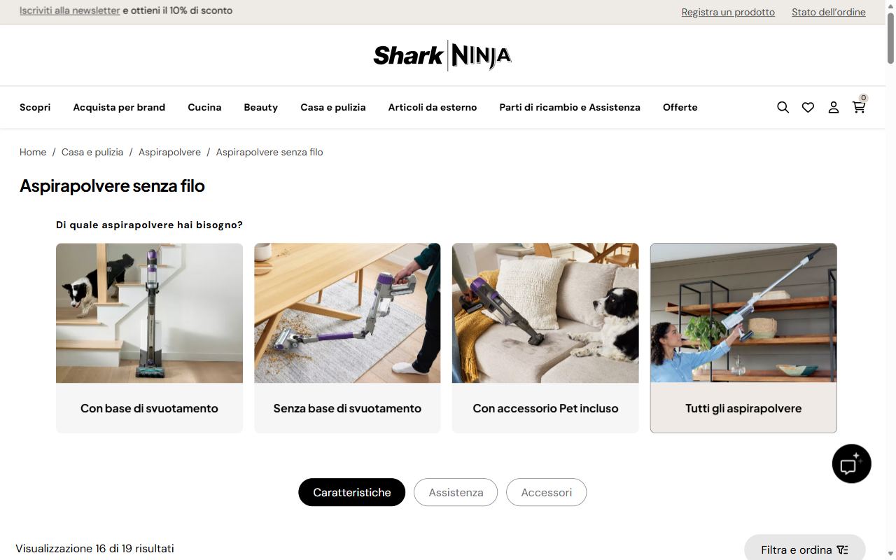 La categoria aspirapolvere senza filo di SharkNinja con i modelli PowerDetect e la base che si svuota da sola