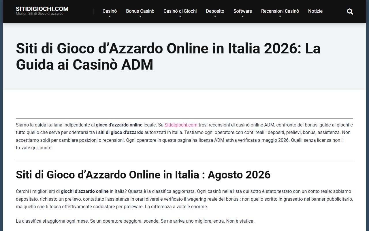 La home di Sitidigiochi.com, confronto dei casinò con concessione ADM