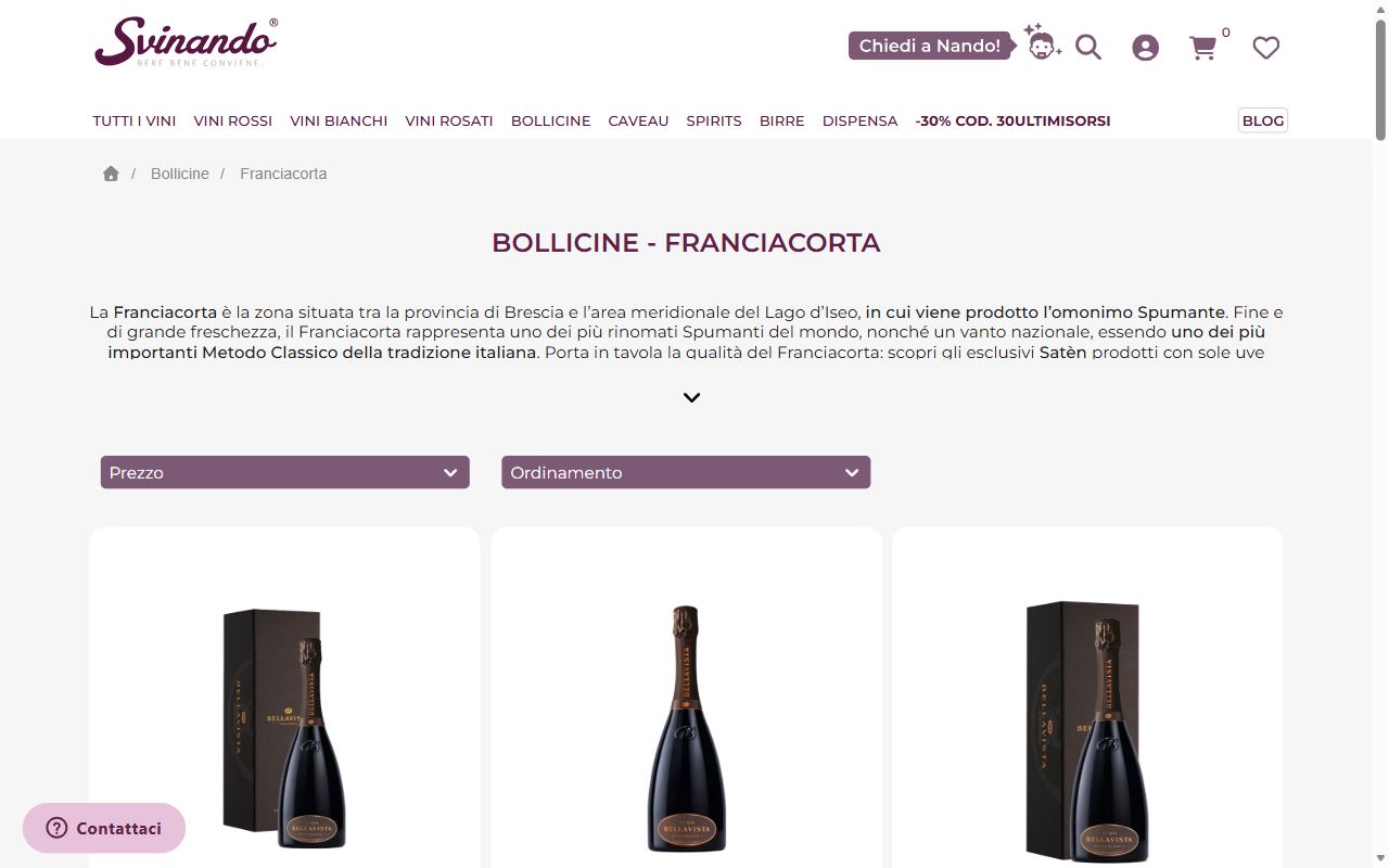 La categoria Bollicine Franciacorta di Svinando con le bottiglie in confezione e i filtri per prezzo