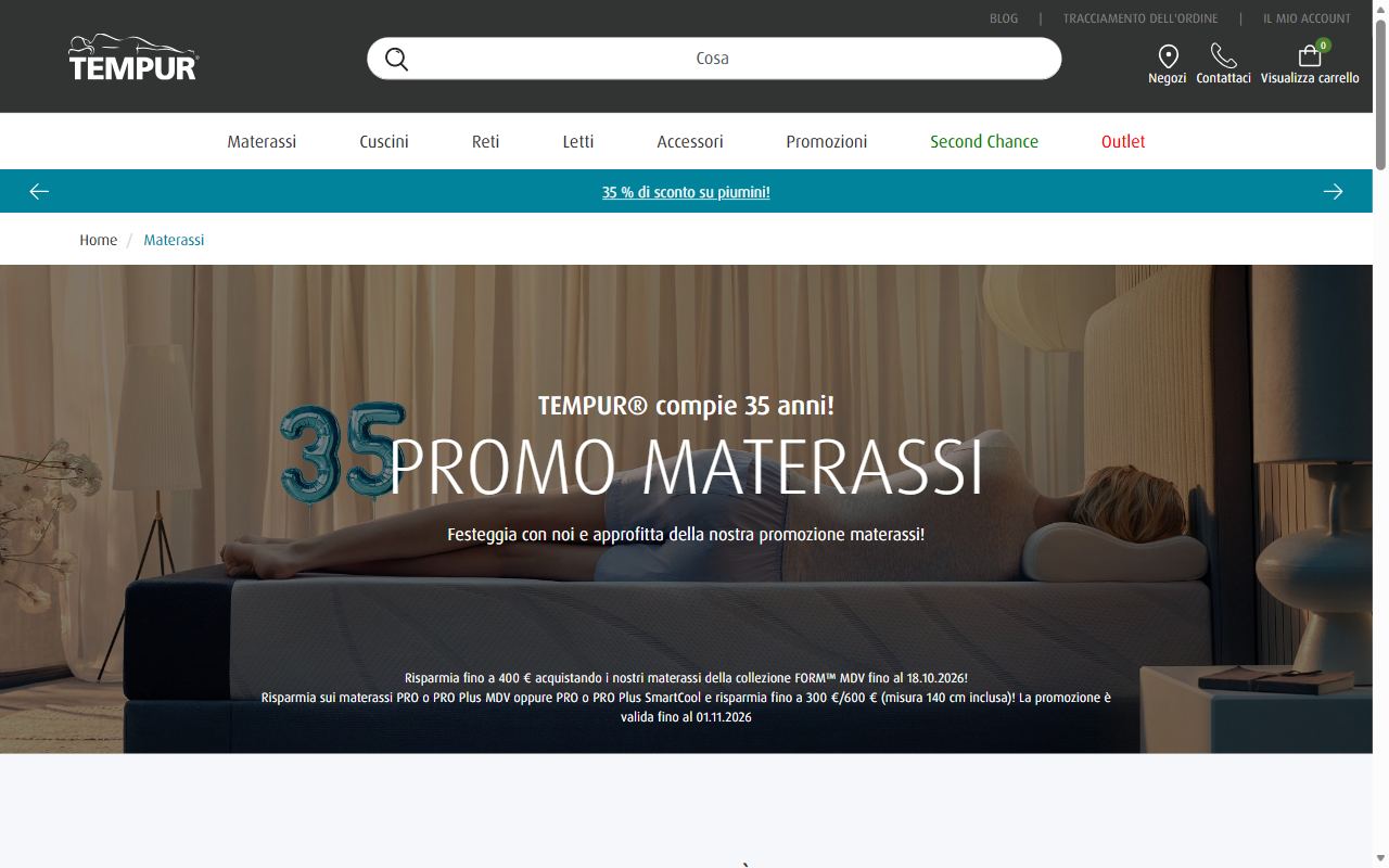 La pagina materassi di Tempur Italia con le collezioni e le promozioni in corso