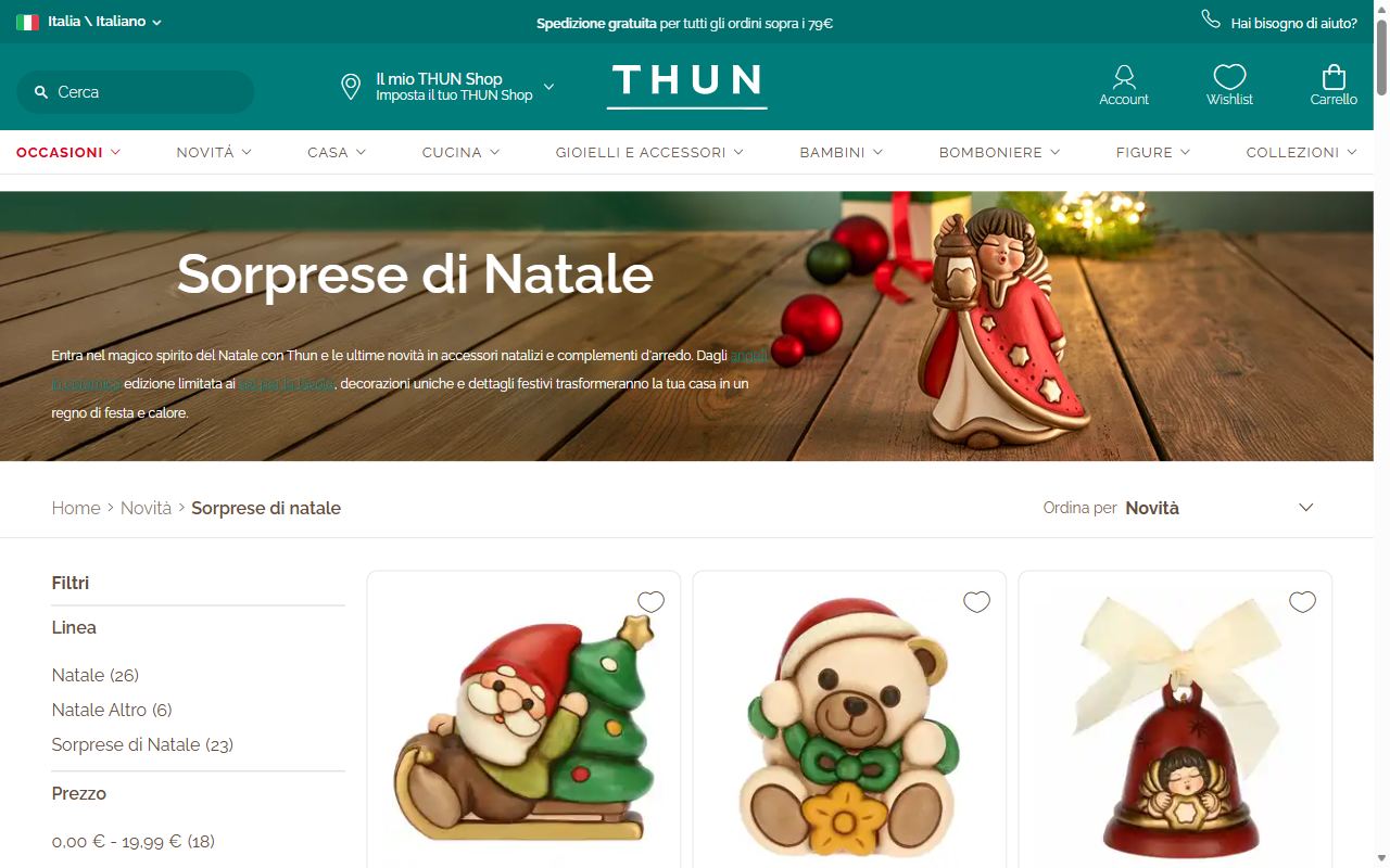 La collezione Sorprese di Natale di Thun con le figure in ceramica e i filtri per linea e prezzo
