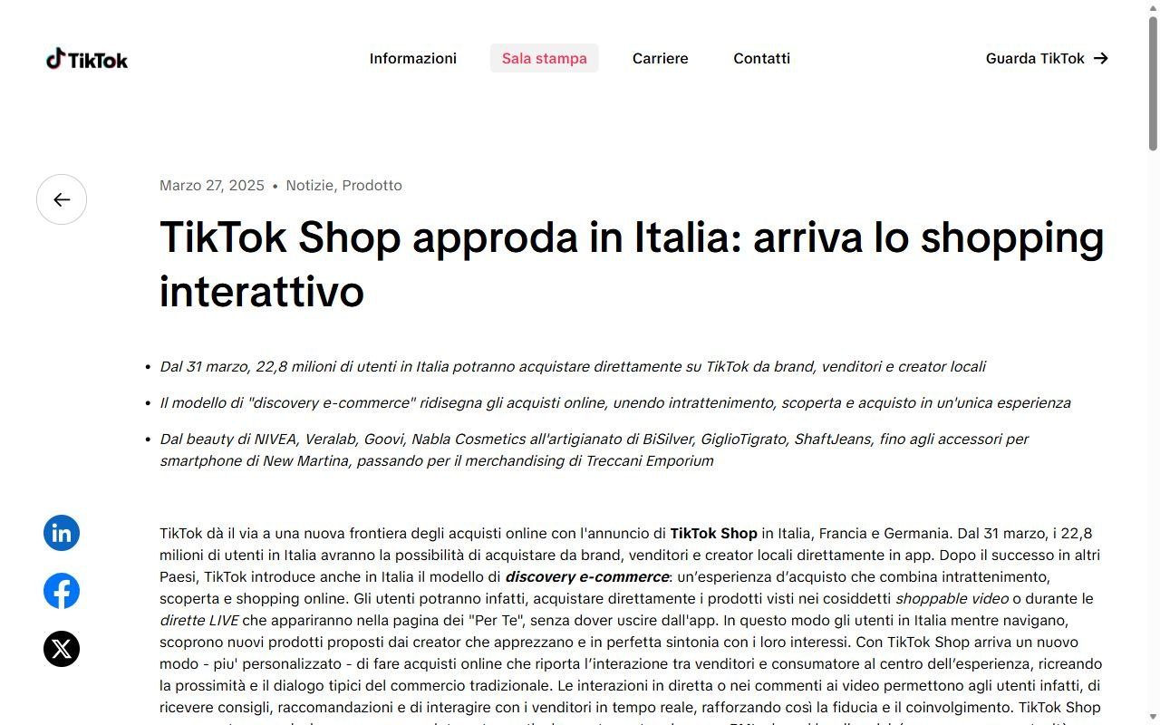 Comunicato ufficiale di TikTok del 27 marzo 2025 che annuncia l'arrivo di TikTok Shop in Italia dal 31 marzo