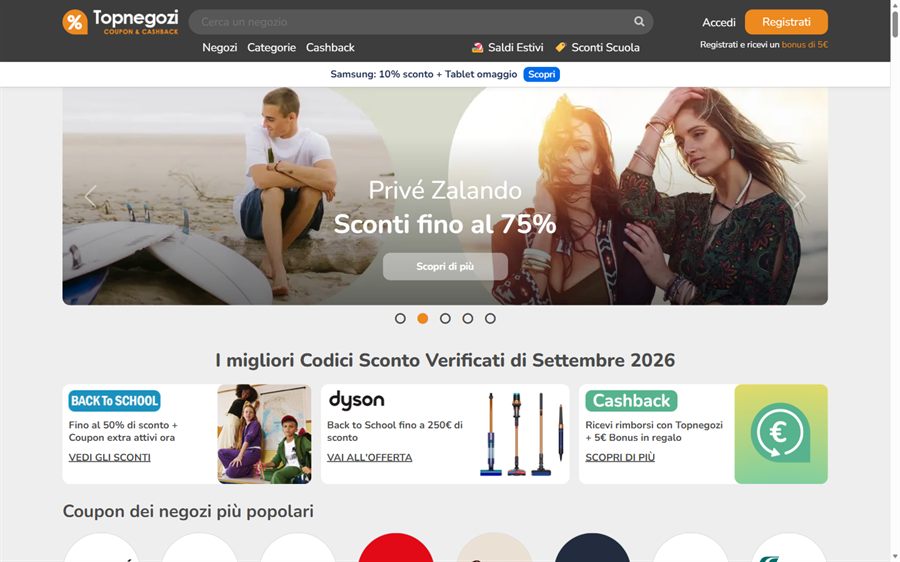 La home di TopNegozi a settembre 2026, con i codici sconto verificati del mese