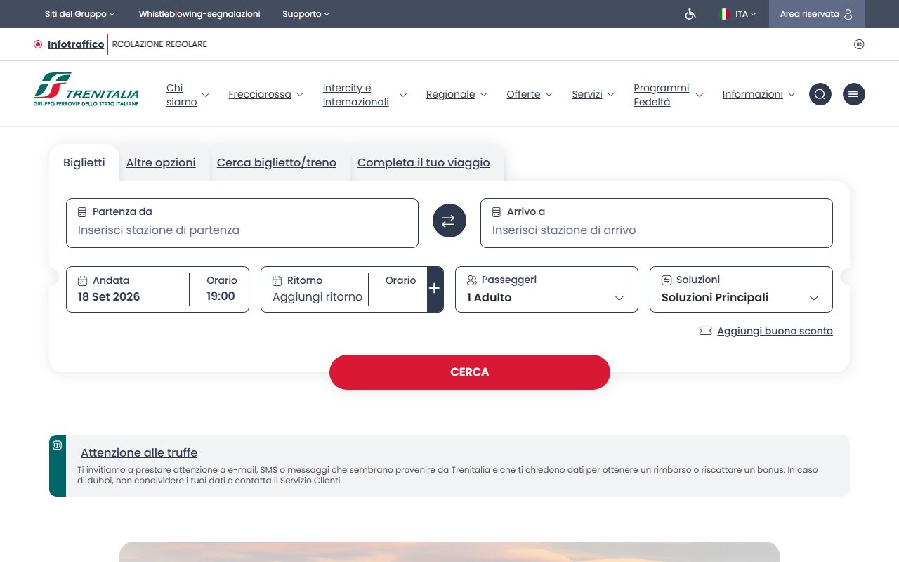 La home di Trenitalia con la ricerca del biglietto per tratta e data