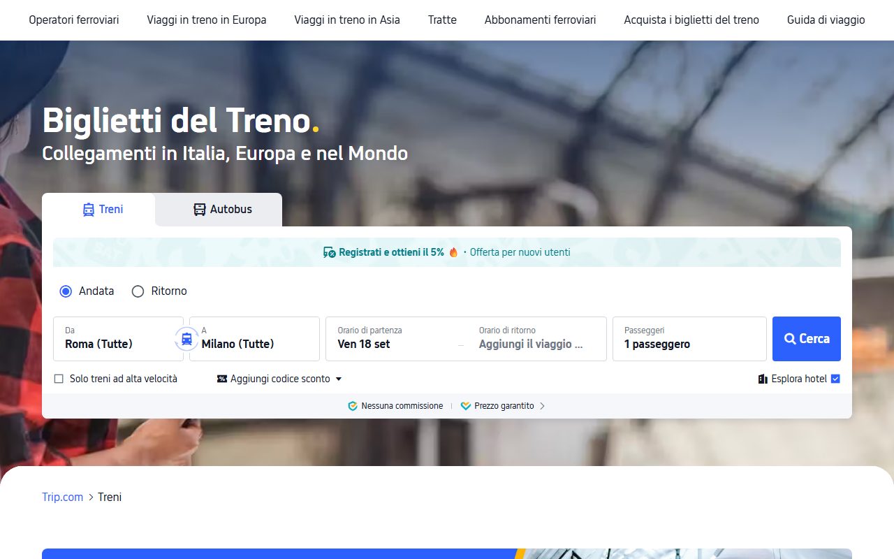 La pagina dei treni di Trip.com con la ricerca per tratta in Italia