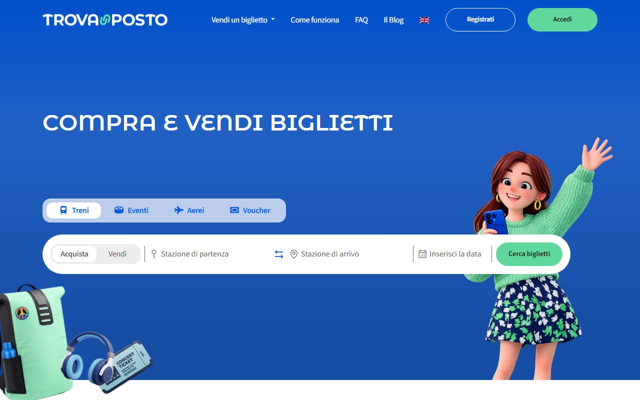 La home di Trovaunposto con la ricerca dei biglietti in vendita fra privati