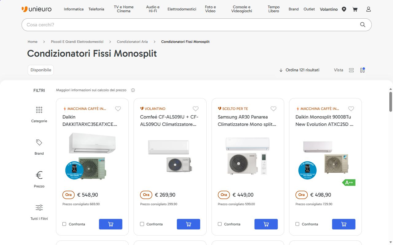 La categoria condizionatori fissi monosplit di Unieuro con i kit Daikin, Comfeé e Samsung