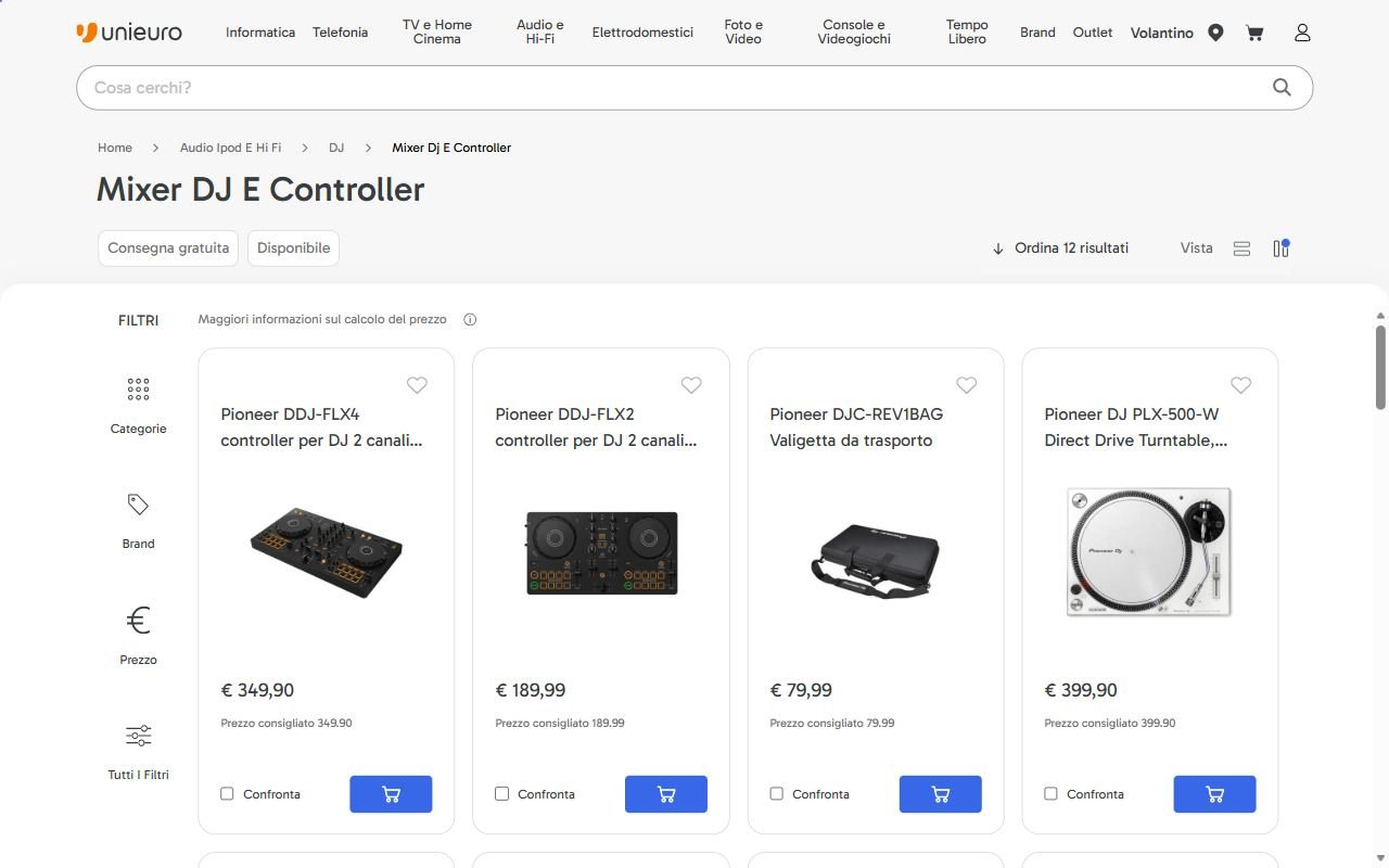La categoria Mixer DJ e Controller di Unieuro con le Pioneer DDJ-FLX4 e DDJ-FLX2