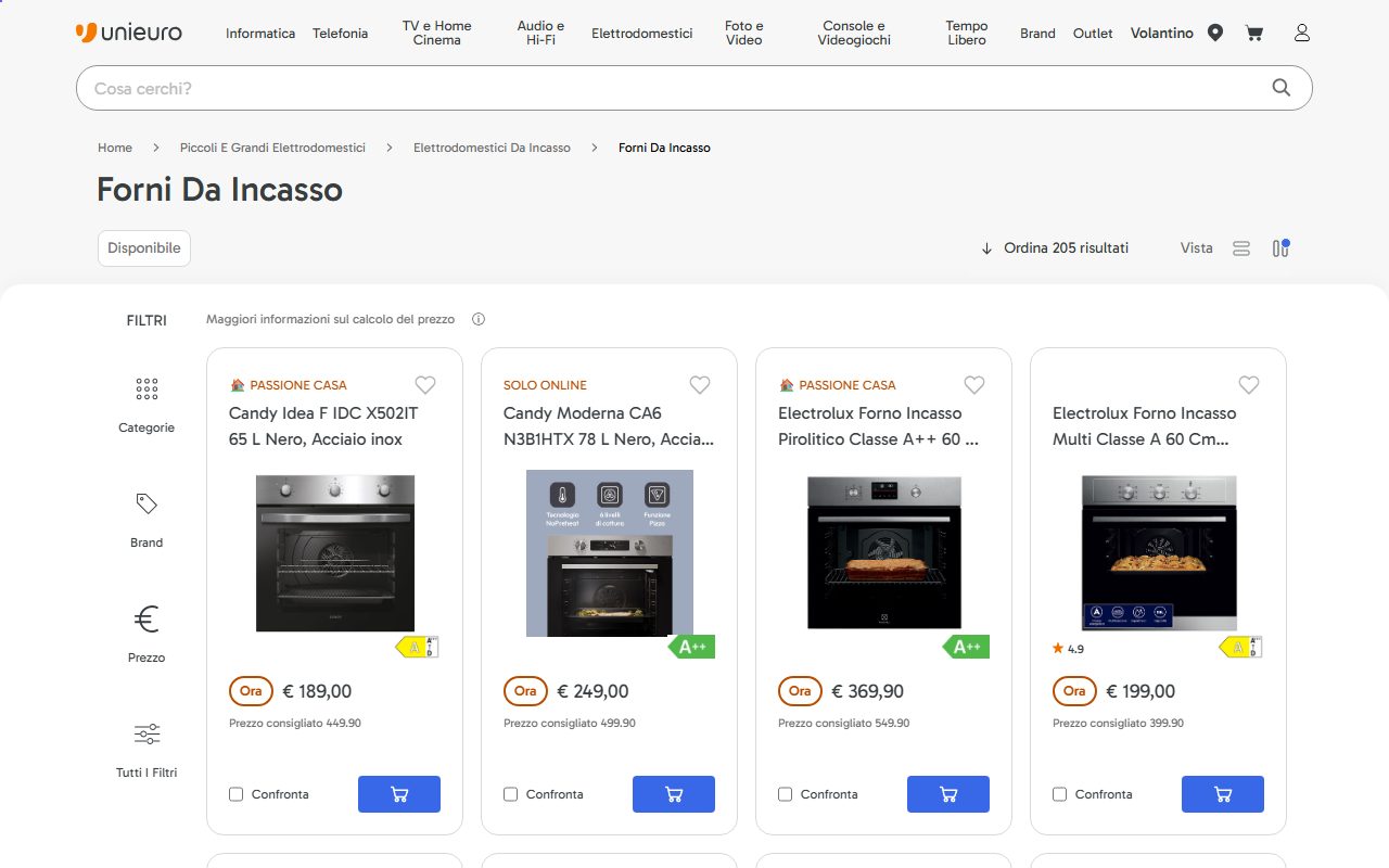 La categoria forni da incasso di Unieuro con i filtri per marca, prezzo e classe energetica