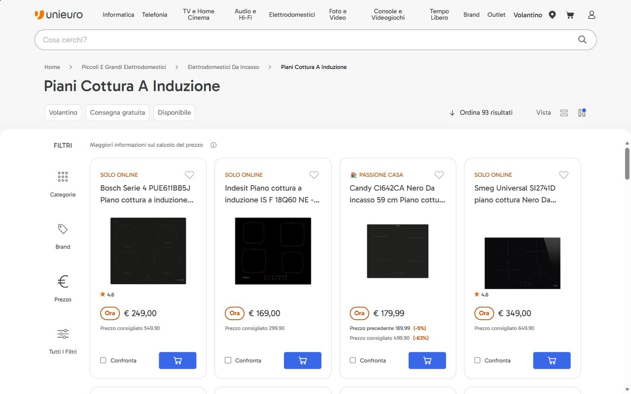 La categoria piani cottura a induzione di Unieuro con i filtri per marca e prezzo
