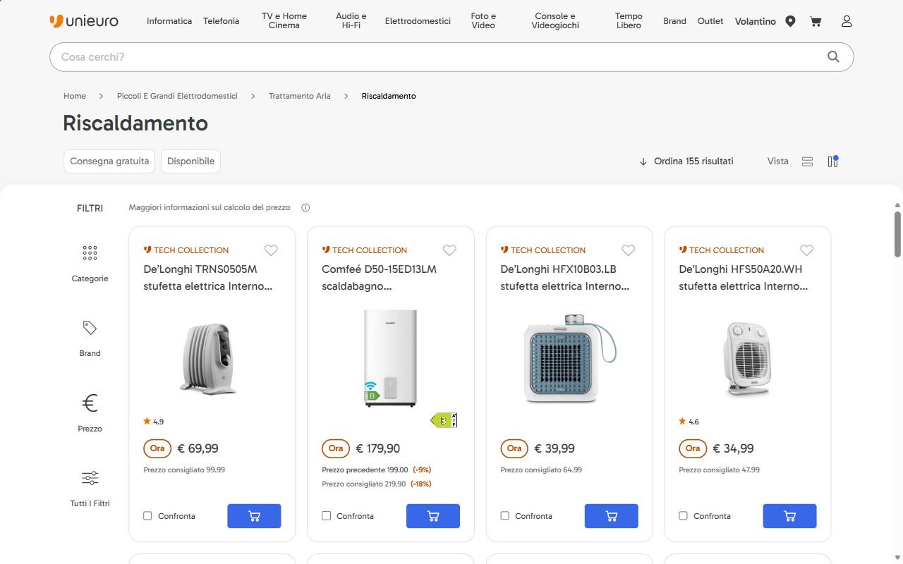 La categoria riscaldamento di Unieuro con le stufette elettriche in offerta