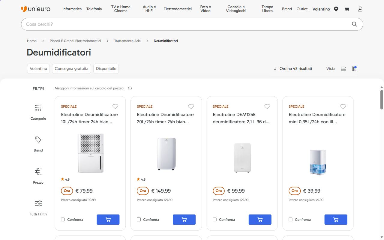 La categoria deumidificatori di Unieuro con i filtri per marca e prezzo e i modelli Electroline in offerta