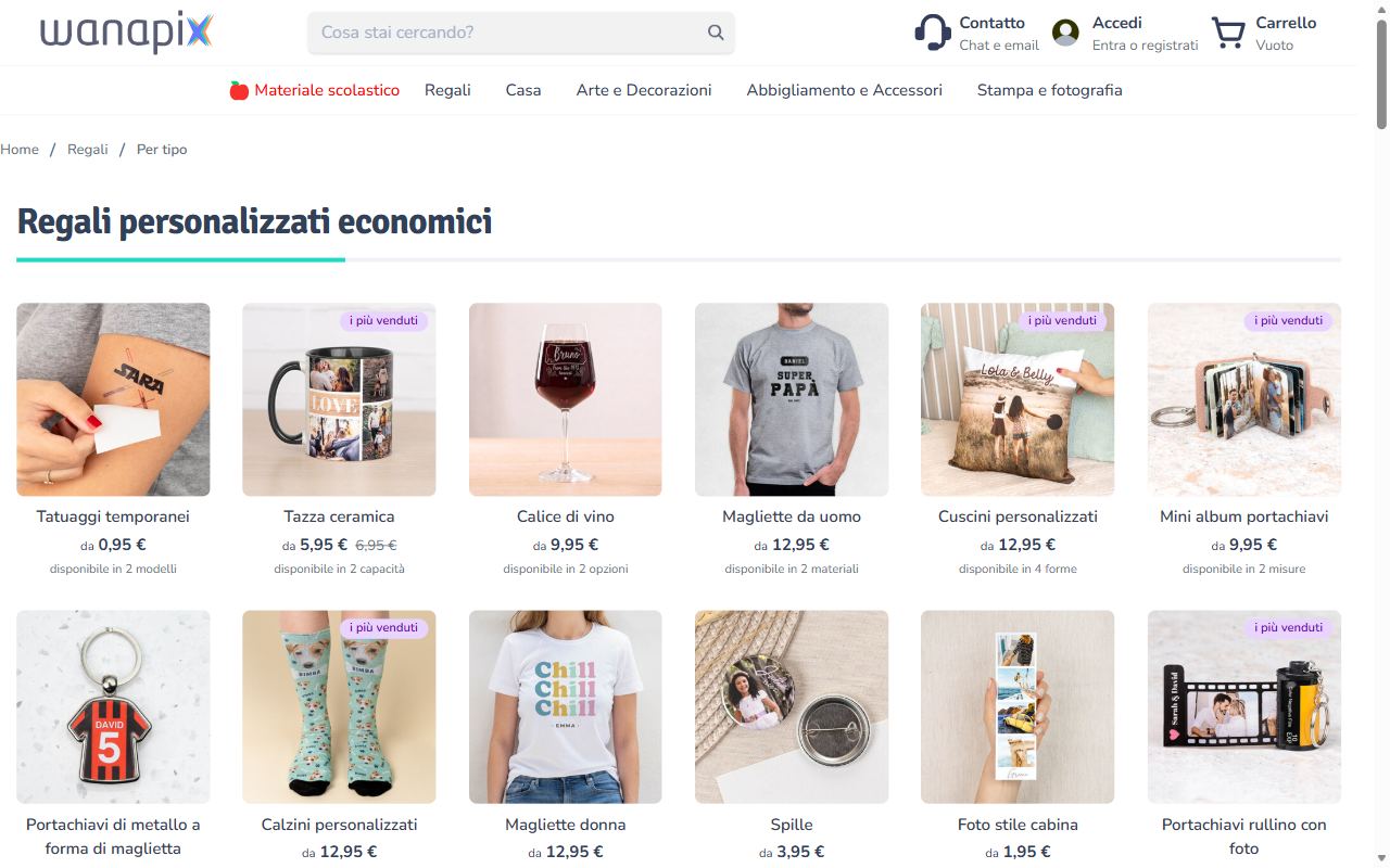 La pagina dei regali personalizzati economici di Wanapix con tatuaggi, tazza, calice, maglietta e portachiavi