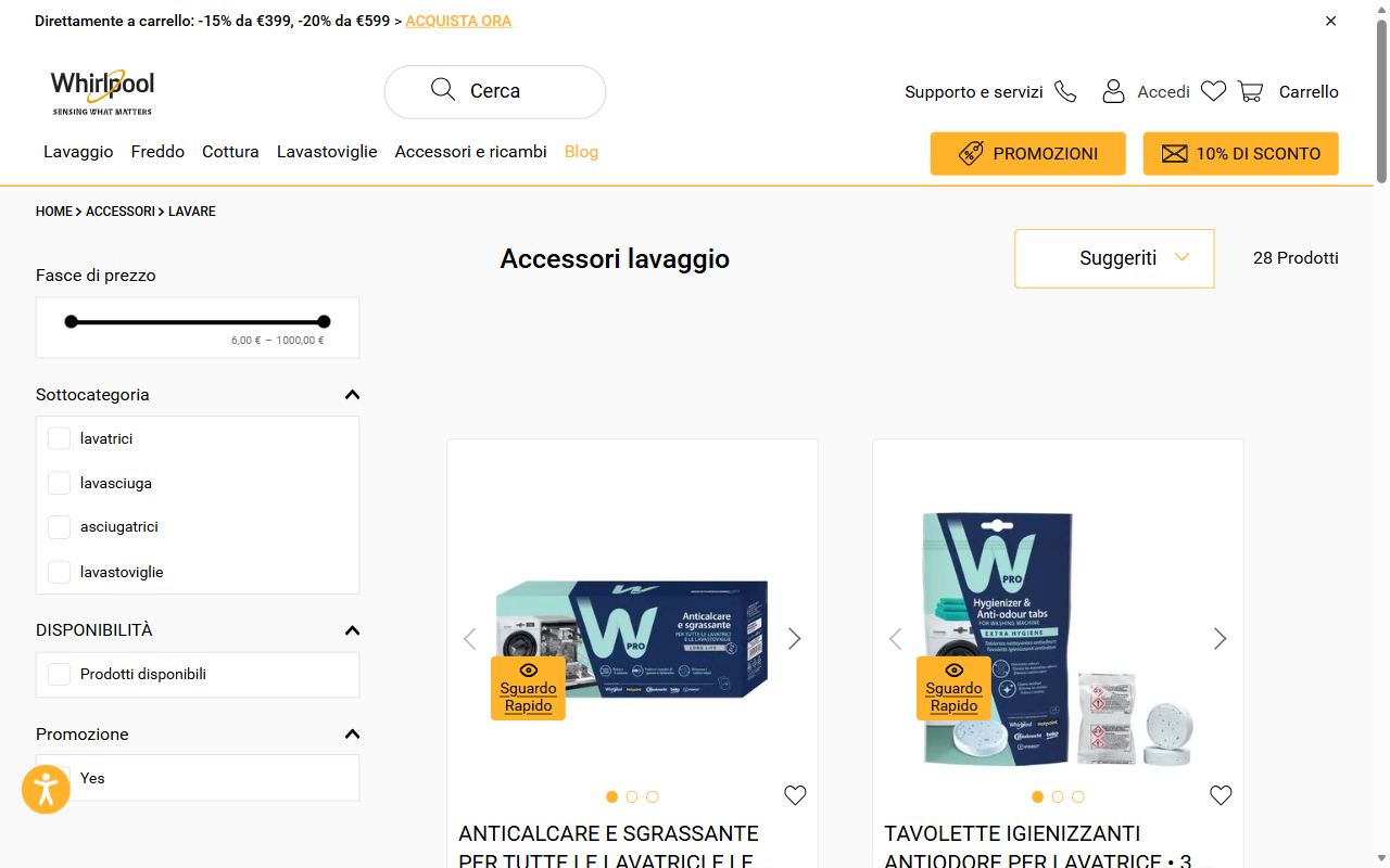 Gli accessori lavaggio sullo shop Whirlpool, con l'anticalcare sgrassante e le tavolette antiodore WPRO