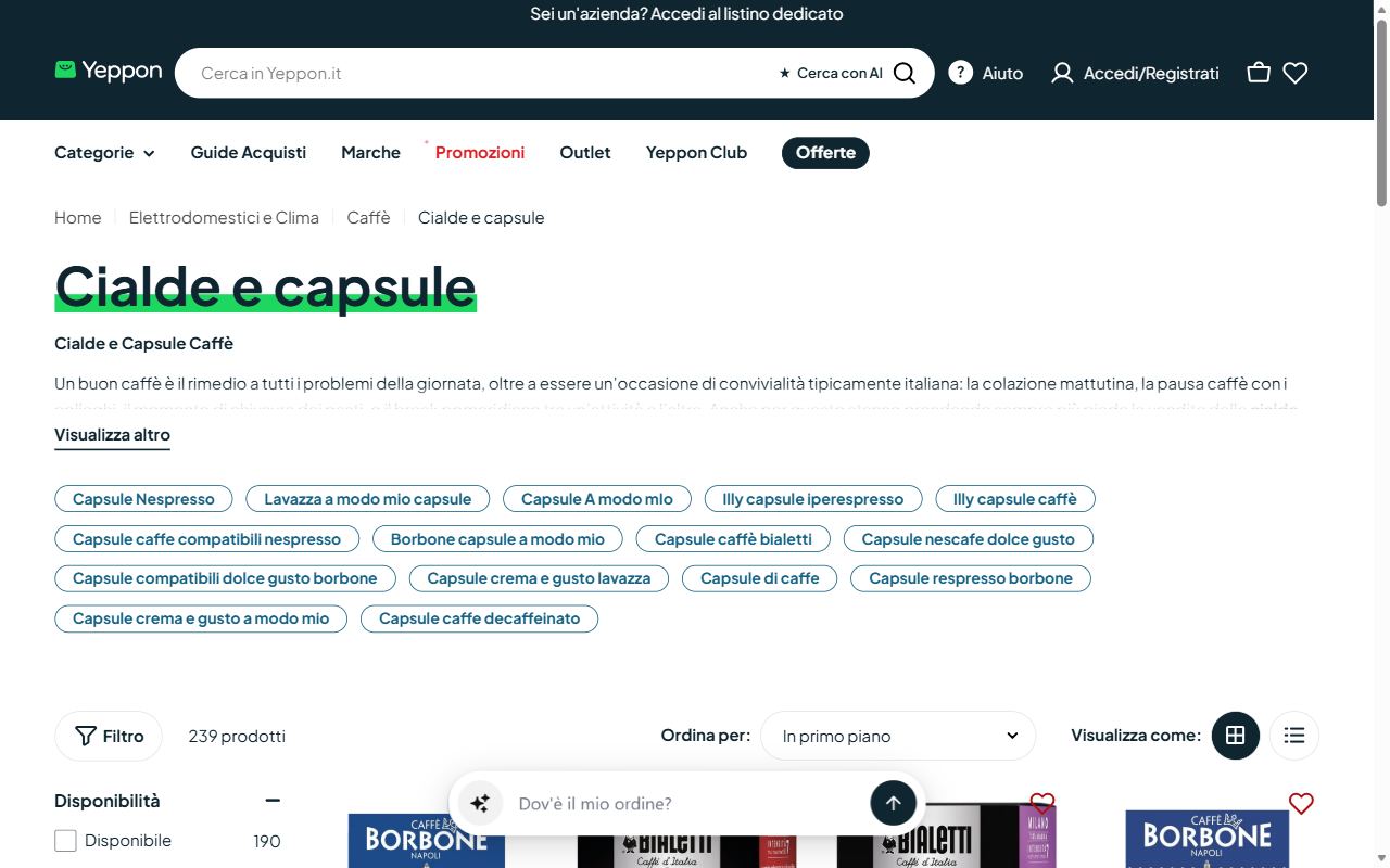 La collezione cialde e capsule di Yeppon con i prezzi in evidenza