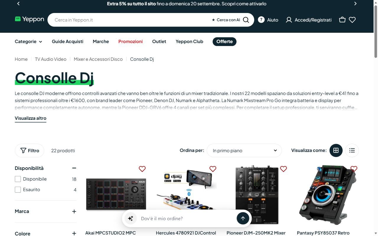 La categoria Consolle DJ di Yeppon con 22 modelli fra Pioneer, Hercules, Numark e AlphaTheta