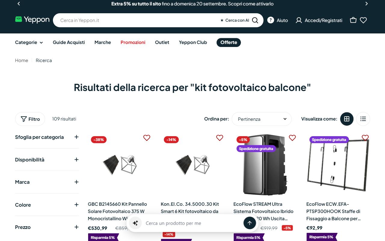 La ricerca kit fotovoltaico balcone su Yeppon con 109 risultati, i kit GBC ed EcoFlow e la spedizione gratuita