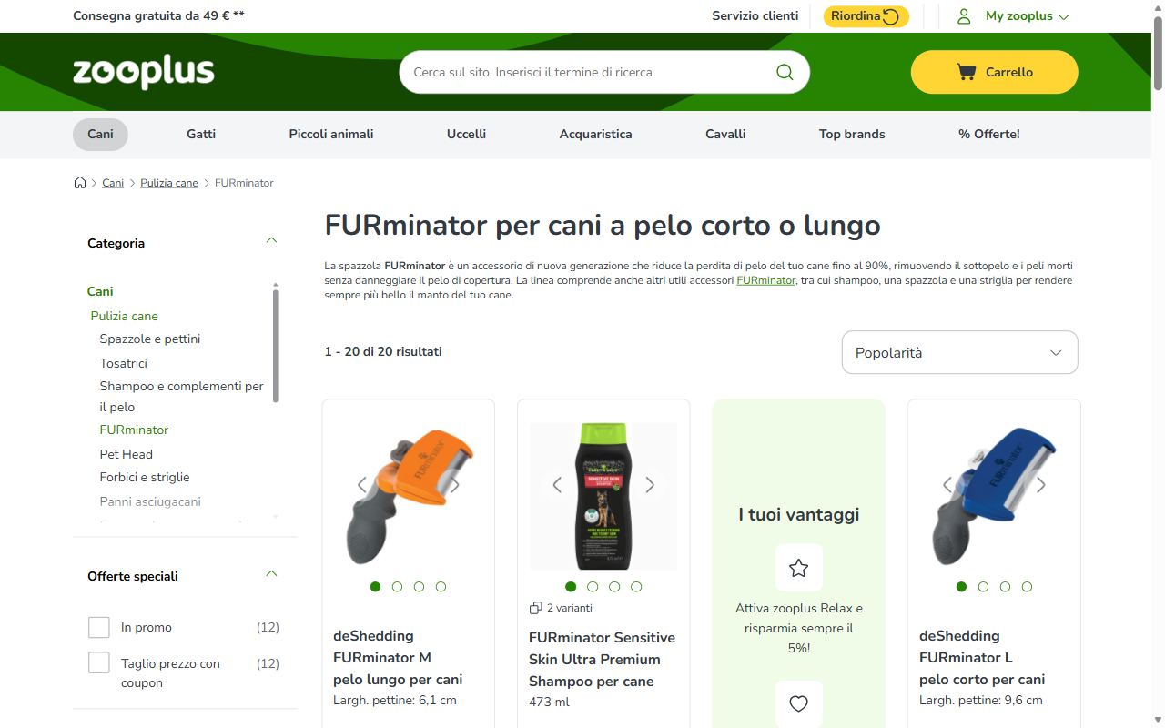 La categoria FURminator per cani di zooplus con le varianti per pelo corto e lungo
