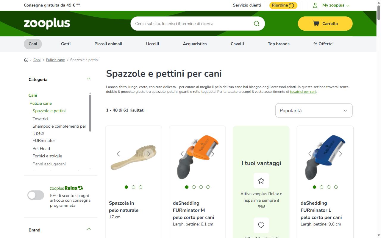 La categoria spazzole e pettini per cani di zooplus con i FURminator in prima fila