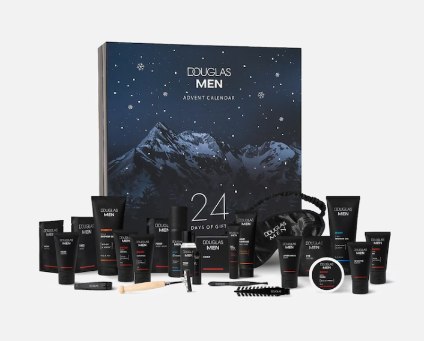 Douglas Men Advent Calendar 2026, scatola blu con 24 finestrelle e i prodotti in fila davanti