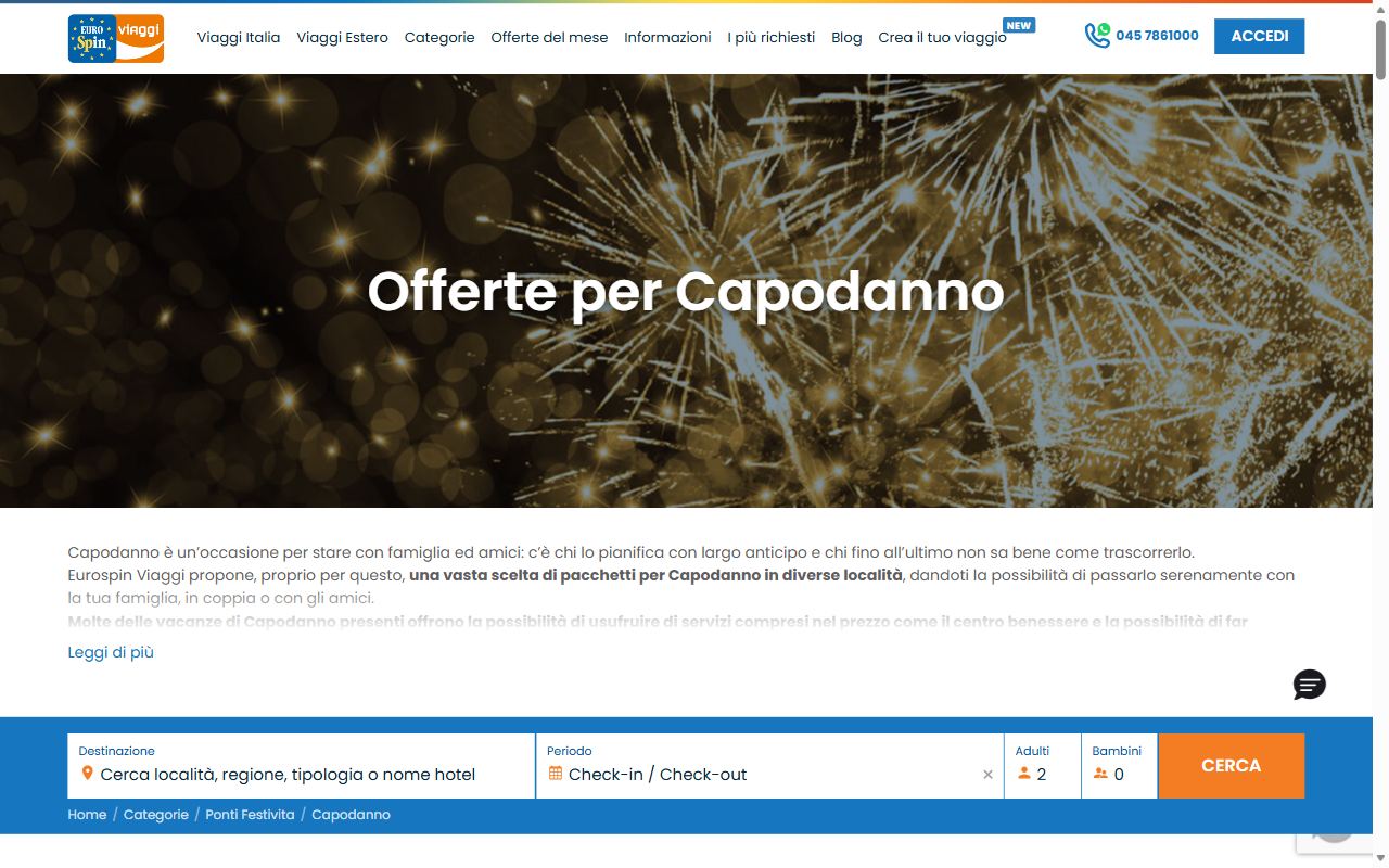 La pagina delle offerte per Capodanno di Eurospin Viaggi con il modulo di ricerca per destinazione e periodo