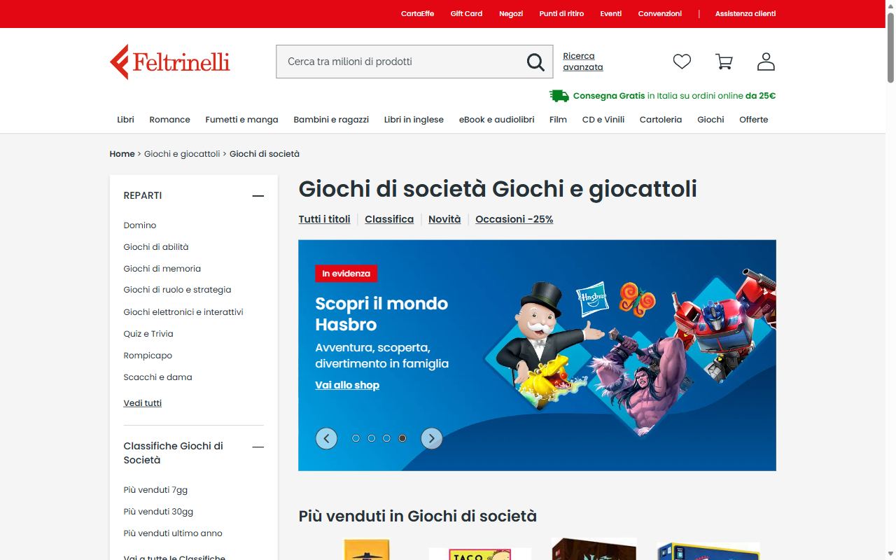 Il reparto giochi di società della Feltrinelli con le sottocategorie e le classifiche dei più venduti