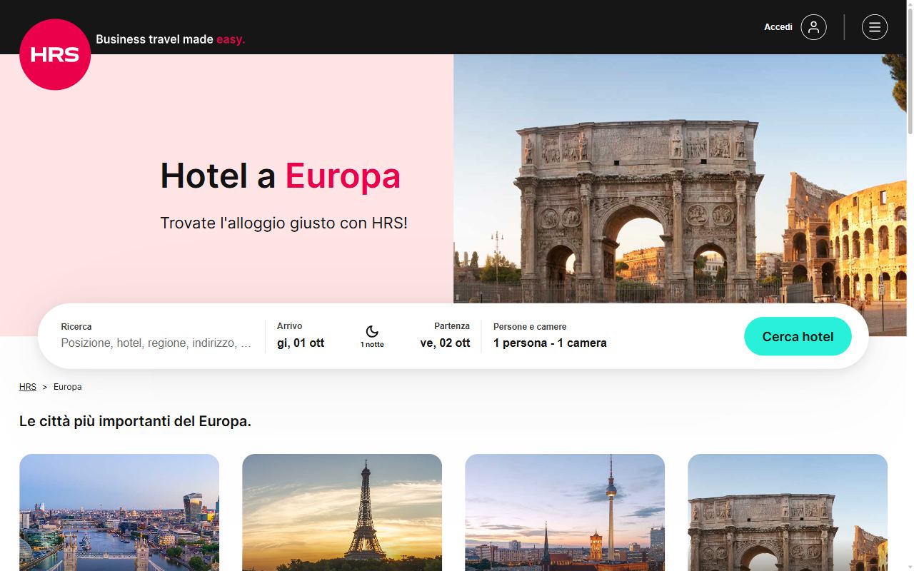 La pagina degli hotel in Europa di HRS con il modulo di ricerca e le città più richieste