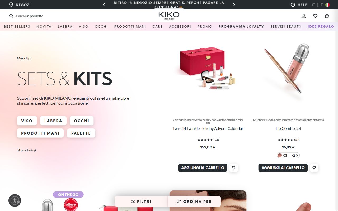 La pagina dei set e kit di Kiko Milano con il calendario dell'Avvento e il Lip Combo Set a 16,99 euro