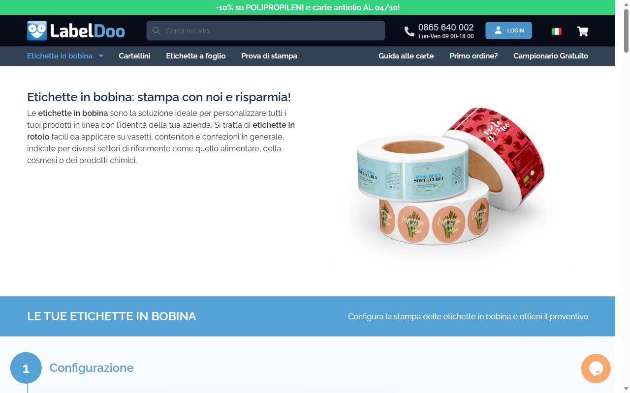 La pagina Etichette in bobina di Labeldoo il 4 ottobre 2026: il titolo Etichette in bobina, stampa con noi e risparmia, tre rotoli di etichette per cosmetici e alimentari e il primo passo della configurazione per il preventivo