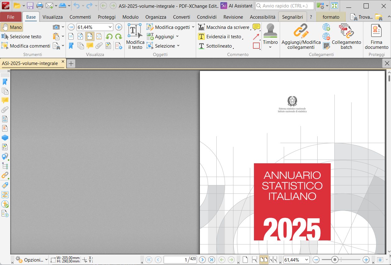 Il PDF ISTAT di 420 pagine aperto in PDF-XChange Editor 11.1 portable, con la barra degli strumenti e il pulsante AI Assistant