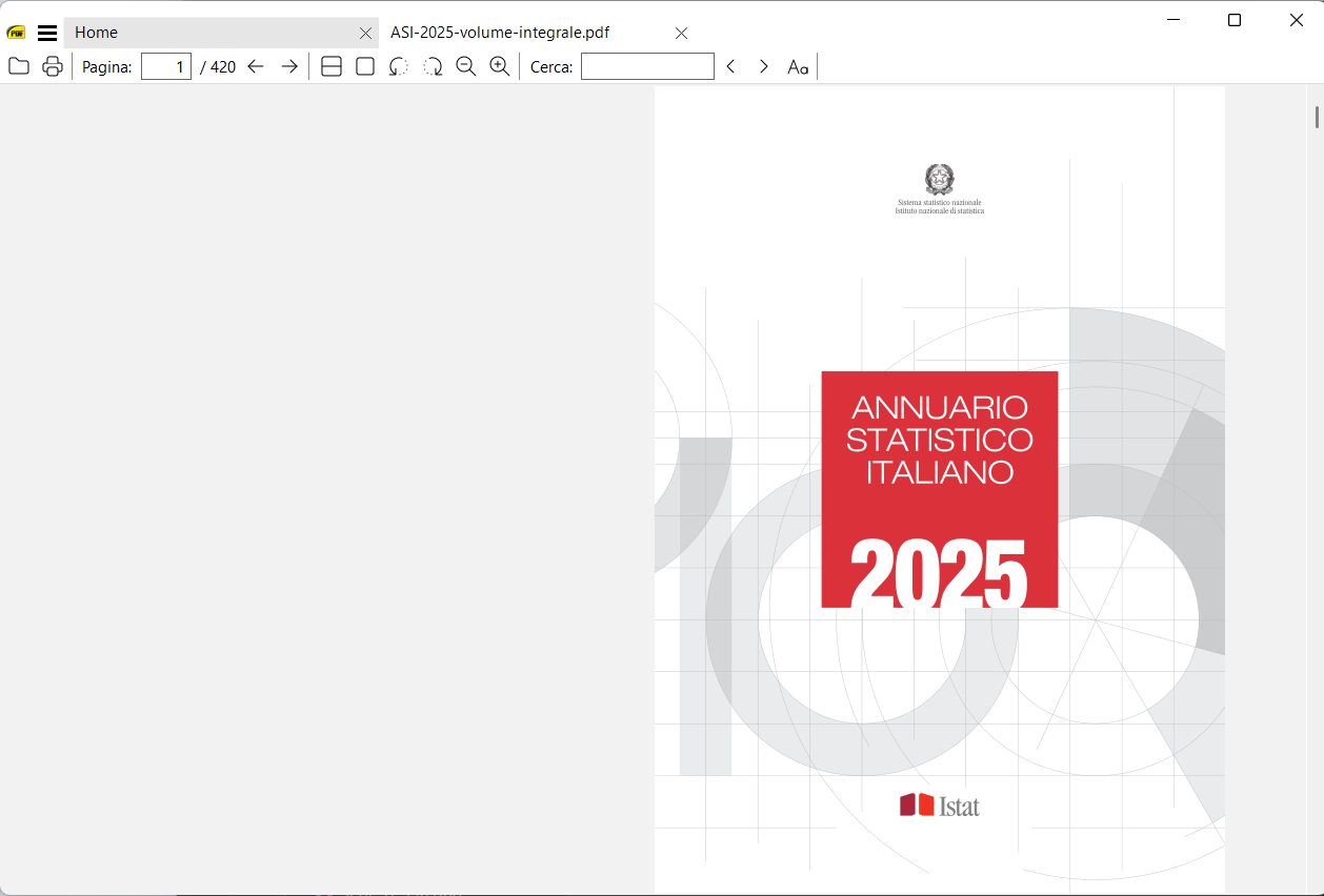 Il PDF ISTAT di 420 pagine aperto in SumatraPDF 3.6.1 portable, in 283 millisecondi nella nostra prova