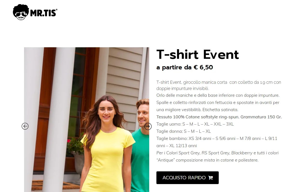 MR.TIS, la scheda della T-shirt Event per magliette personalizzate da 15 pezzi